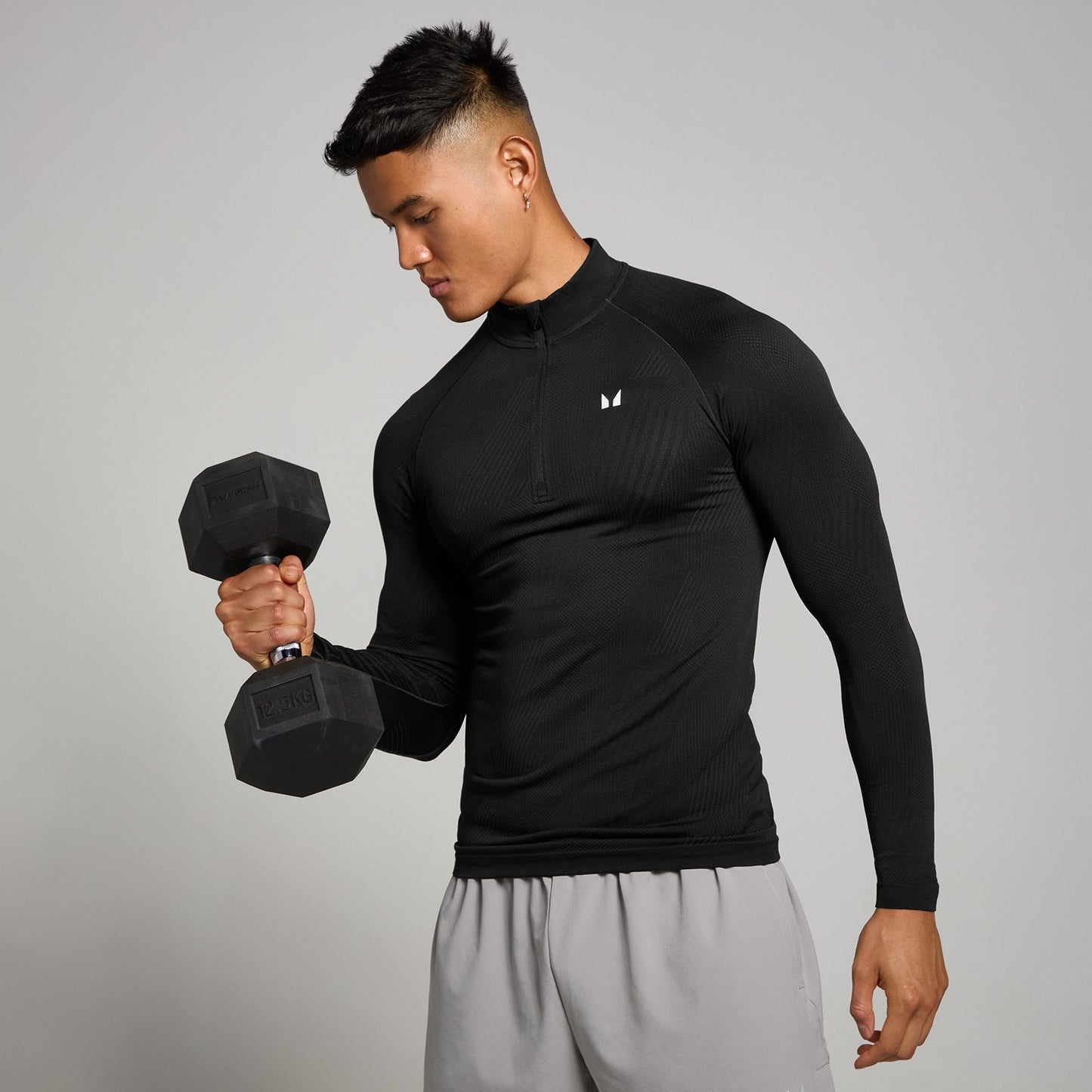 Tempo naadloos shirt met kwartrits en opdruk van pilaar voor heren - Zwart / 3XL