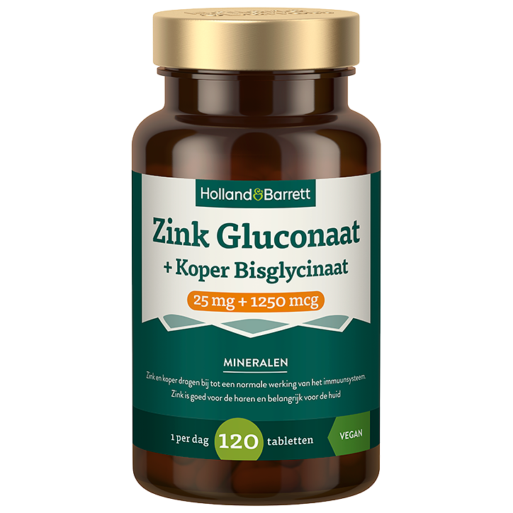 Zink Gluconaat 25mg + Koper Bisglycinaat 1250mcg  - 120 tabletten