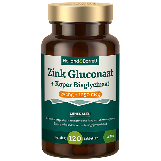 Zink Gluconaat 25mg + Koper Bisglycinaat 1250mcg  - 120 tabletten
