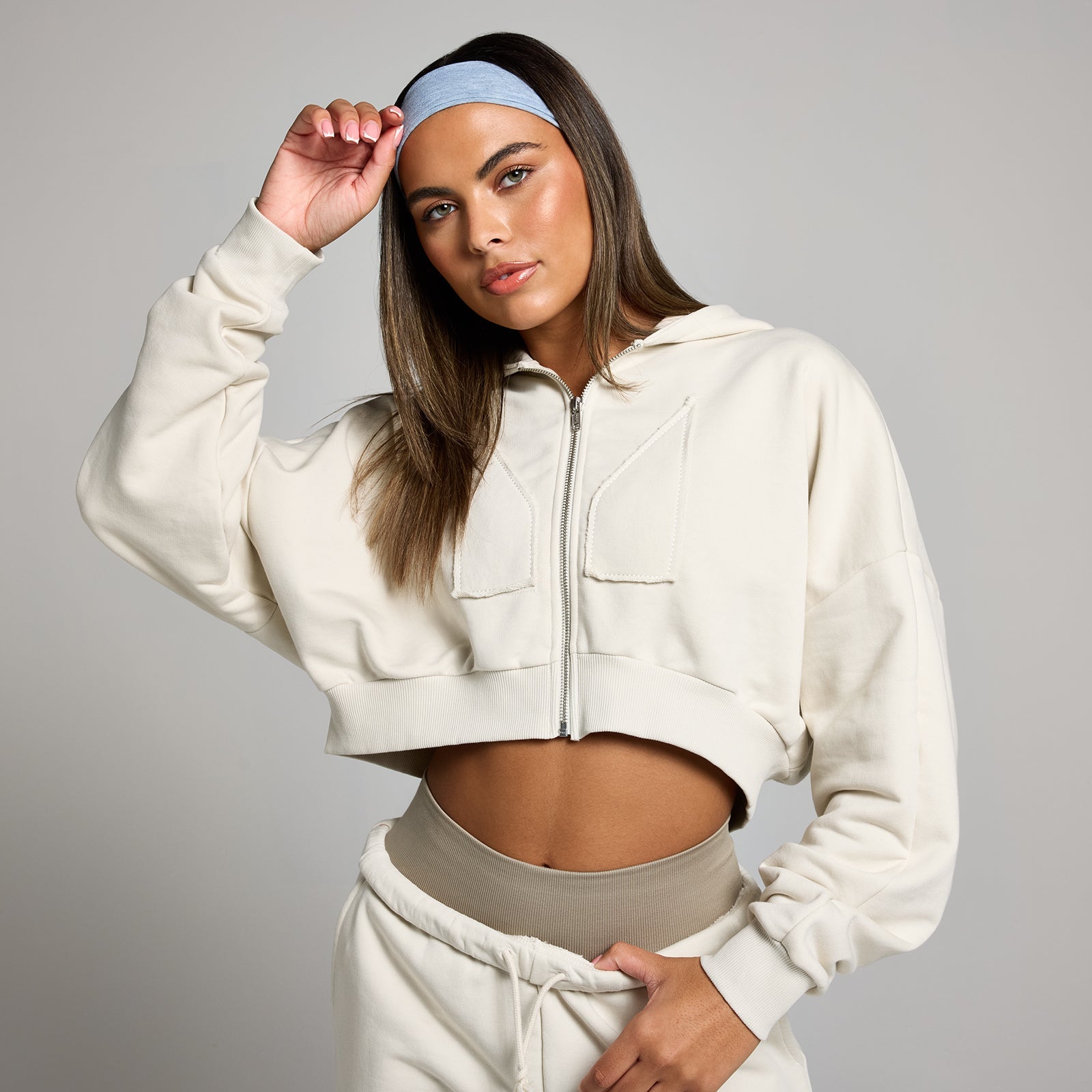 geropte hoodie met rits en opgestikt motief - Beenwit / XXL