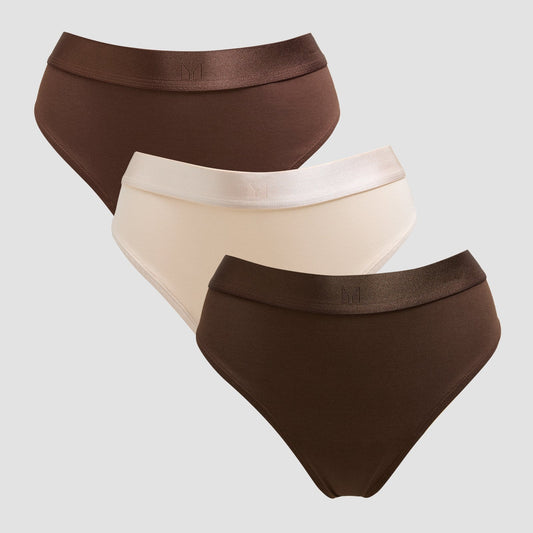 middelhoge string voor dames (verpakking met drie stuks) - Donkerchocoladebruin/bruin/roomgeel / XS