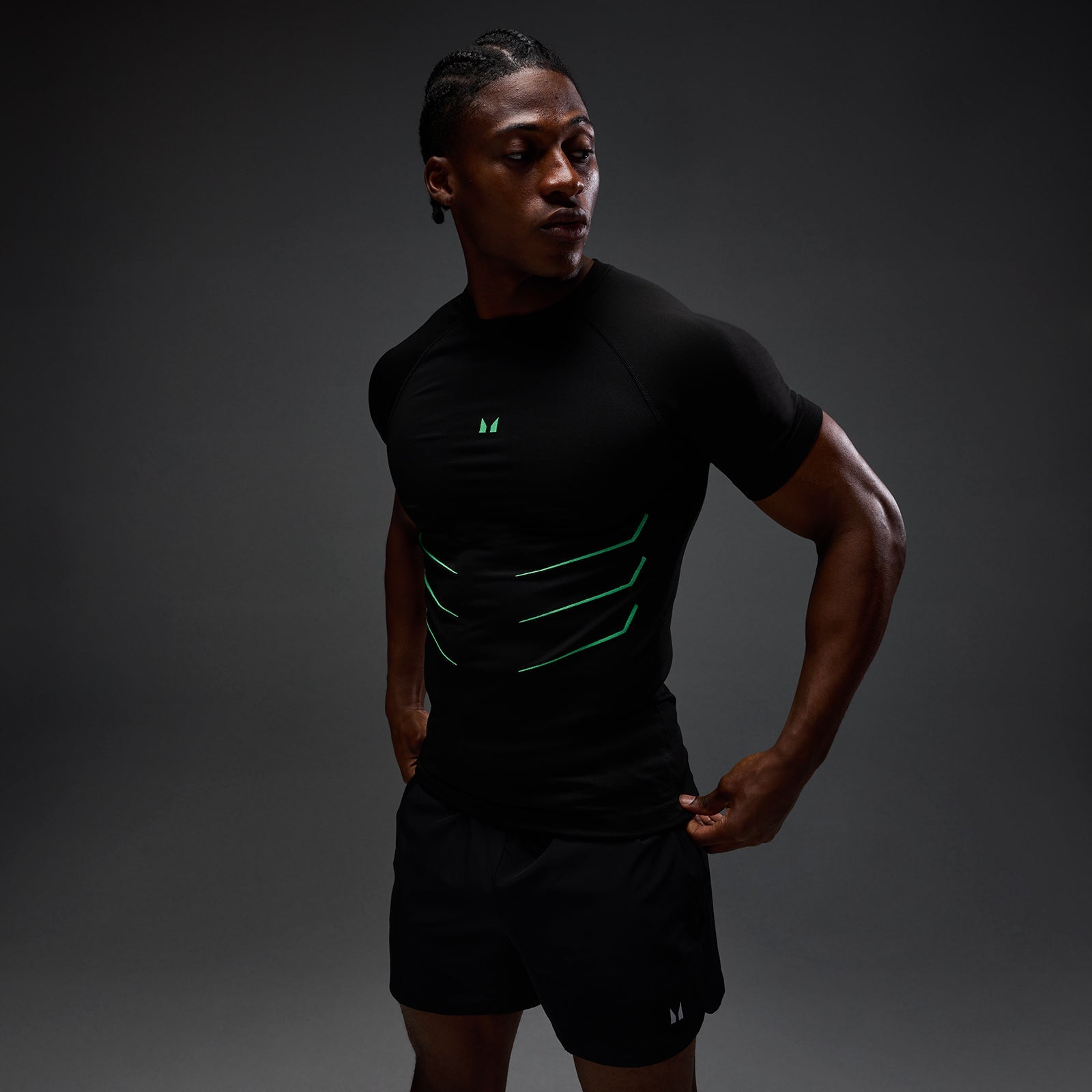 Heren Hero Muscle Fit Naadloos T-Shirt - Gewassen Zwart/Alpha Groen / XXL